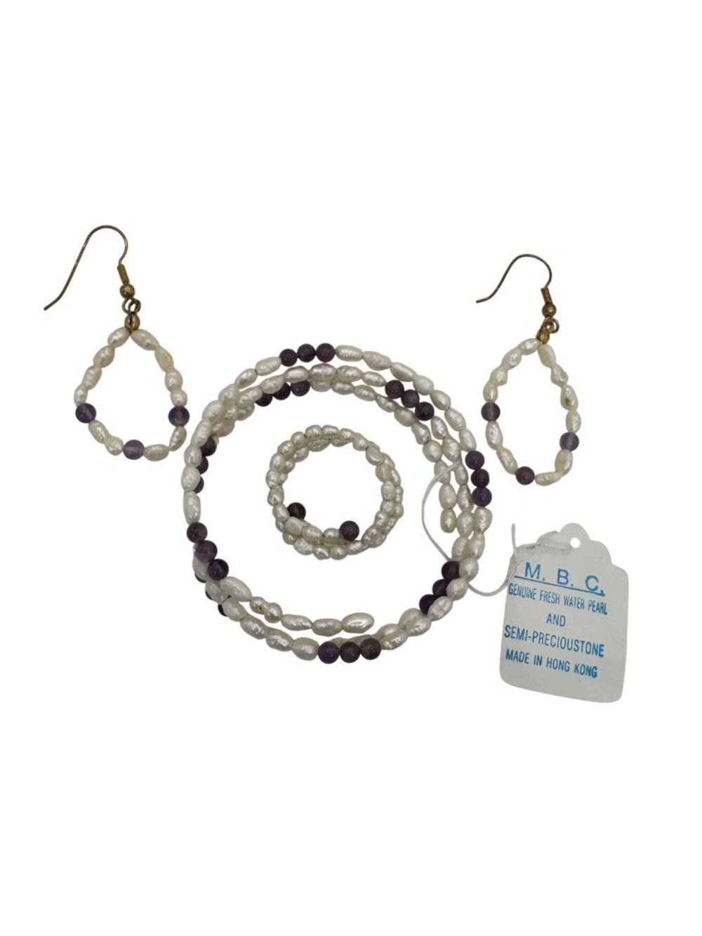 Freshwater Pearl & Amethyst Jewelry Set Earrings Bracelet Ring M.B.C Hong Kong